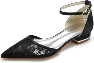 Wedding Shoes for Bride Flat Women Closed Toe Buckle Lace Wedding Bridal Court Shoes