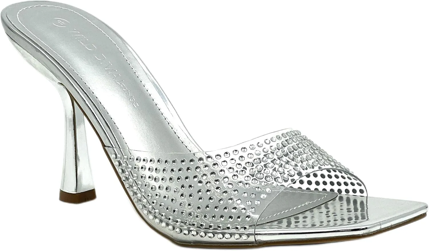 Wild Diva Women Rhinestone Clear Strap Square Toe Heel Sandals Slip on Shoes