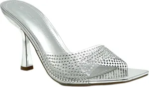 Wild Diva Women Rhinestone Clear Strap Square Toe Heel Sandals Slip on Shoes
