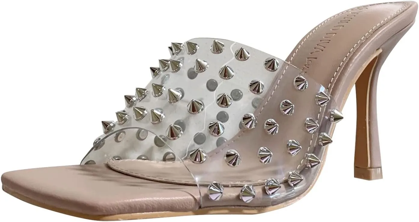 Wild Diva Womens Open Toe Square Spike Stud Slip On Mules Sandals