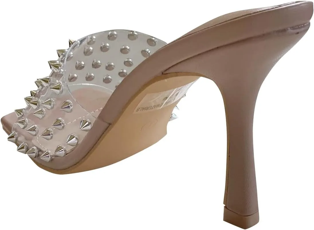 Wild Diva Womens Open Toe Square Spike Stud Slip On Mules Sandals