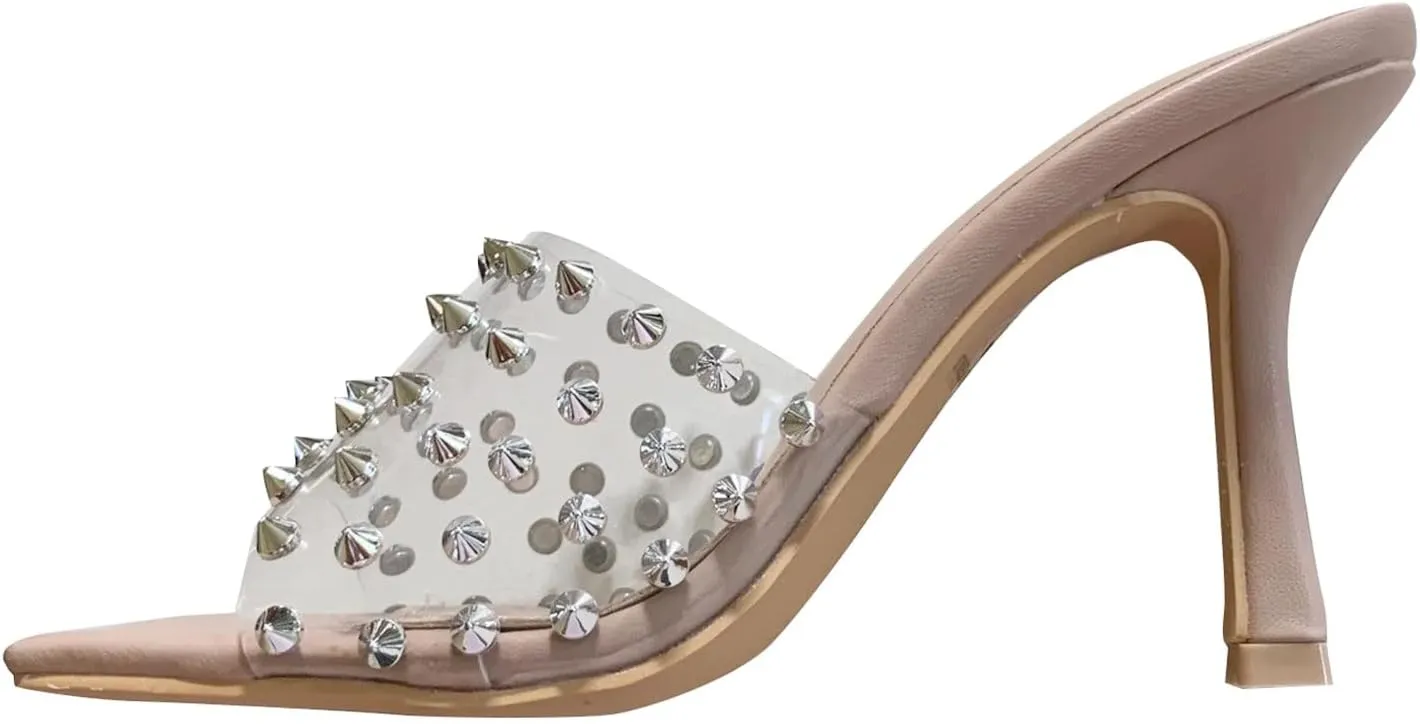Wild Diva Womens Open Toe Square Spike Stud Slip On Mules Sandals