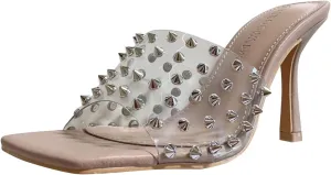 Wild Diva Womens Open Toe Square Spike Stud Slip On Mules Sandals