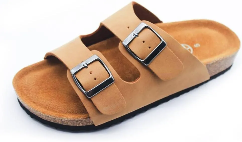 Women's Adjustable Double Buckle Brown Slide Sandal, Comfortable Cork Footbed Sandals for Men and Women, with arch support，S