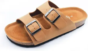 Women's Adjustable Double Buckle Brown Slide Sandal, Comfortable Cork Footbed Sandals for Men and Women, with arch support，S