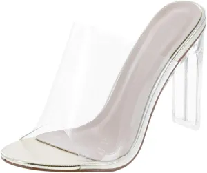 Women's Clear Open Toe Single Band Chunky Heels Mules High Heels Slip On Slide Sandals