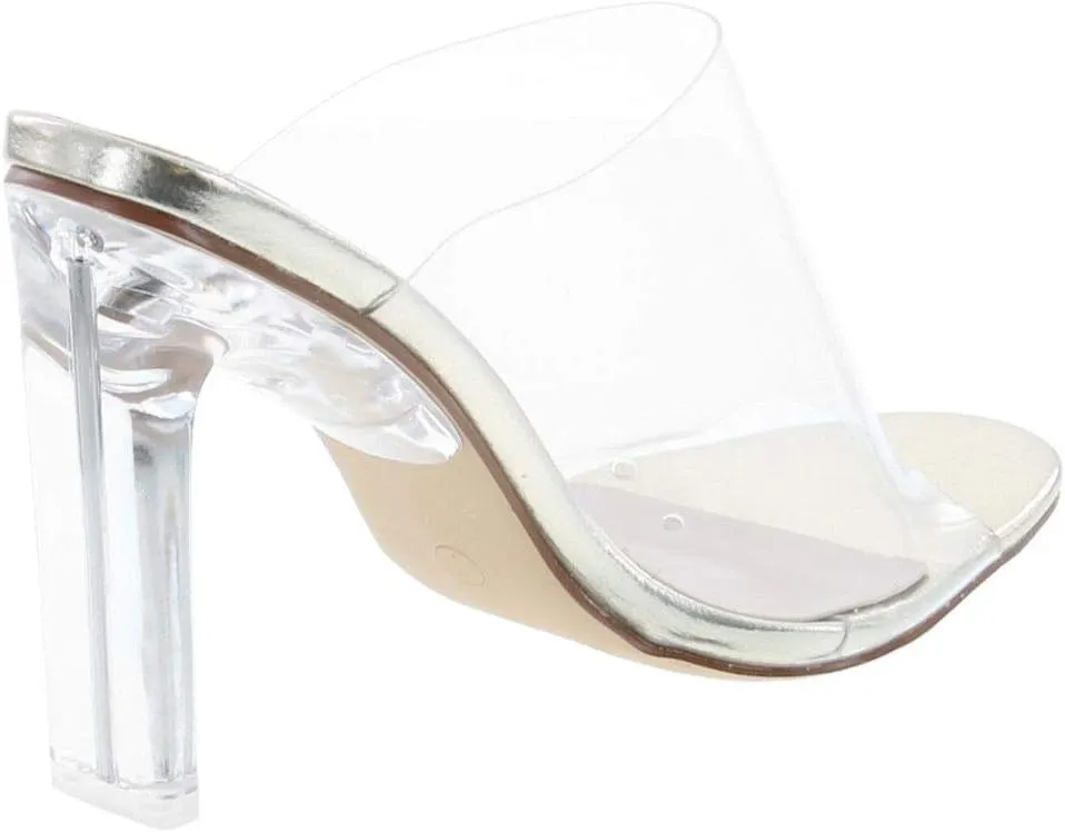 Women's Clear Open Toe Single Band Chunky Heels Mules High Heels Slip On Slide Sandals