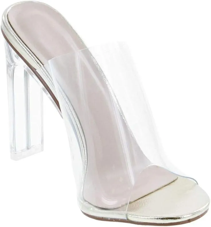 Women's Clear Open Toe Single Band Chunky Heels Mules High Heels Slip On Slide Sandals