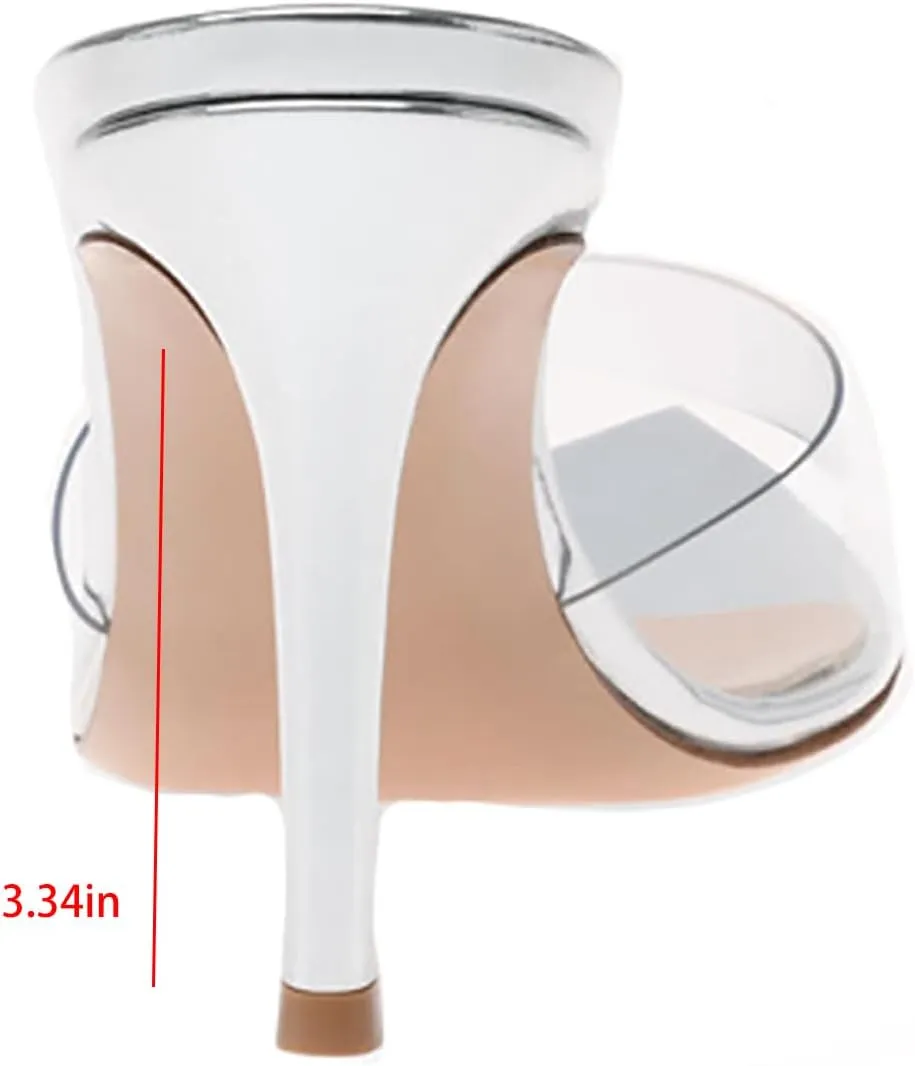 Women's Clear Pointed Open Toe Stiletto Heel Slide Sandals Fashion Sexy Slip On Transparent Strap High Heels Mules Summer Backless Party Wedding Prom Dress Shoes