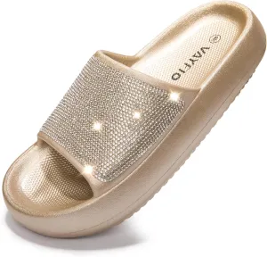 Women's Cloud Rhinestone Slide Sandals Platform Glitter Slides Slip On Shower Shoes Outdoor&Indoor House Slippers