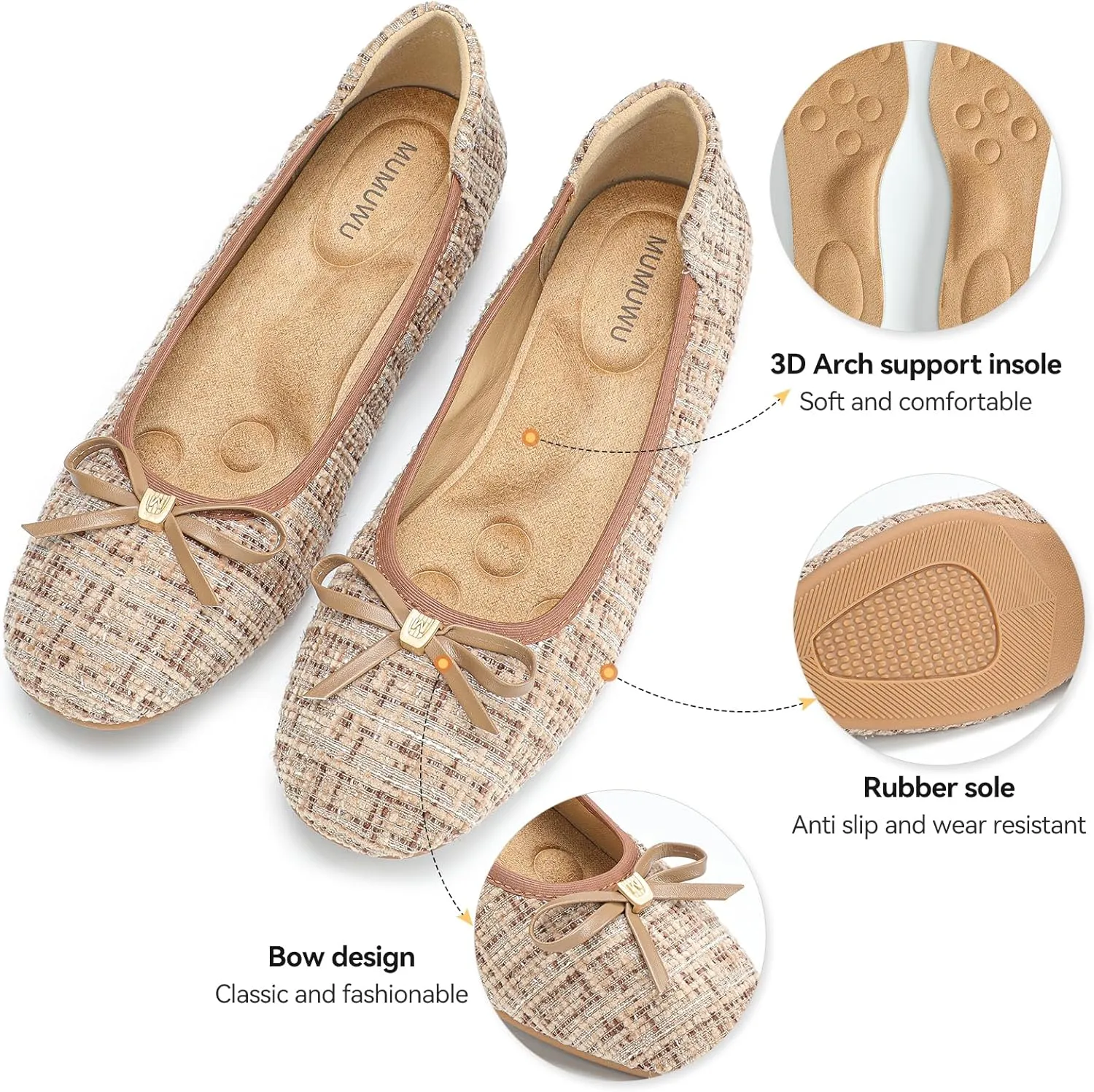 Women's Comfortable Ballet Flats Round Toe Flat Shoes for Women Bow Dressy Flats Shoes with Arch Support Insole