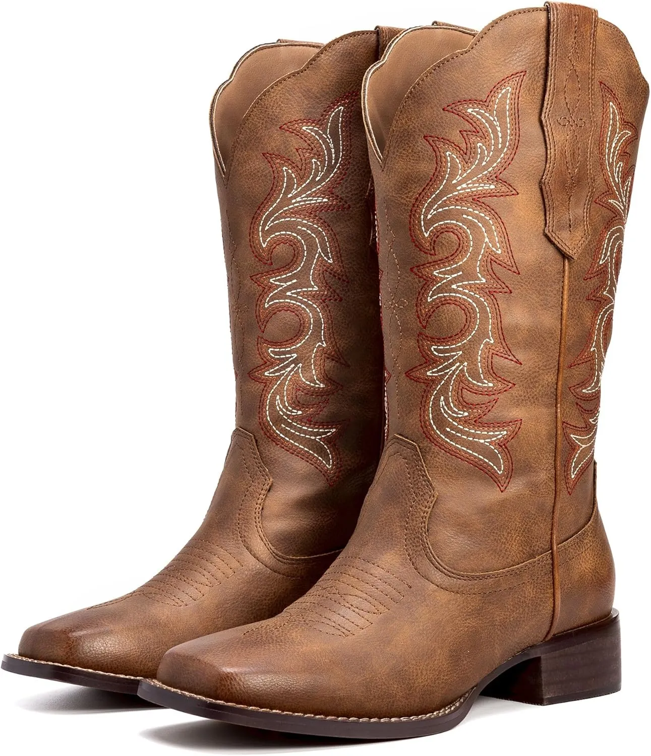 Womens Cowboy Boots Square Toe Cowgirl Boots Ladies Country Western Boots Wide Calf Embroidery Brown Low Heel US 6-11