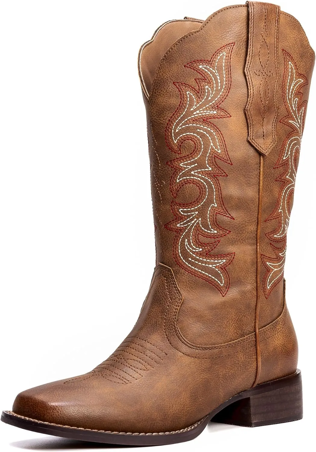 Womens Cowboy Boots Square Toe Cowgirl Boots Ladies Country Western Boots Wide Calf Embroidery Brown Low Heel US 6-11