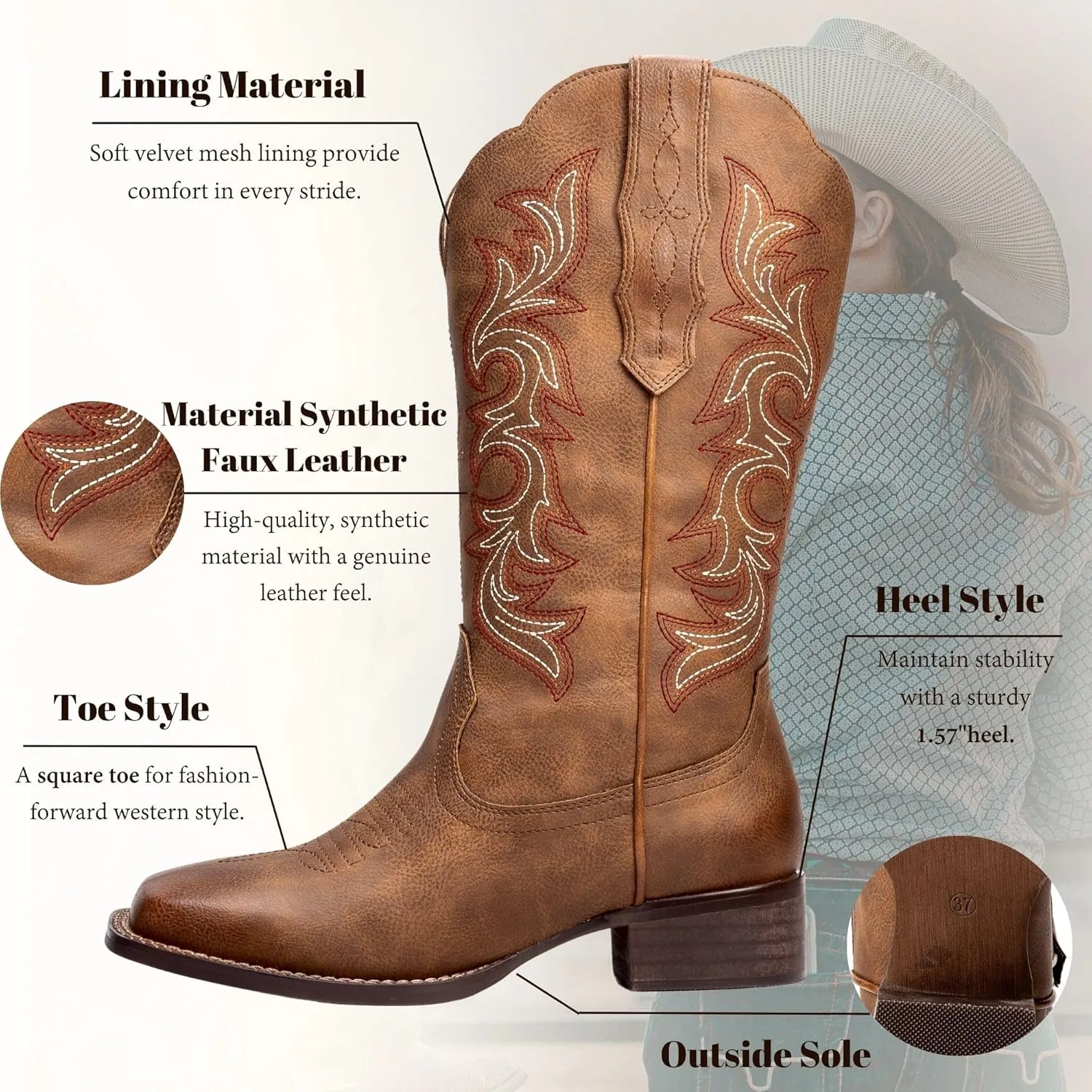 Womens Cowboy Boots Square Toe Cowgirl Boots Ladies Country Western Boots Wide Calf Embroidery Brown Low Heel US 6-11