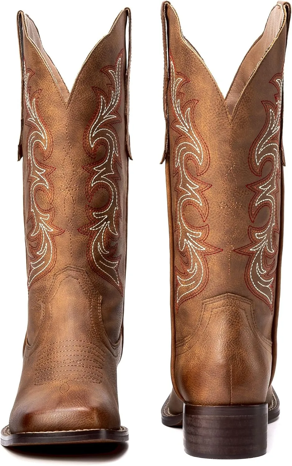 Womens Cowboy Boots Square Toe Cowgirl Boots Ladies Country Western Boots Wide Calf Embroidery Brown Low Heel US 6-11
