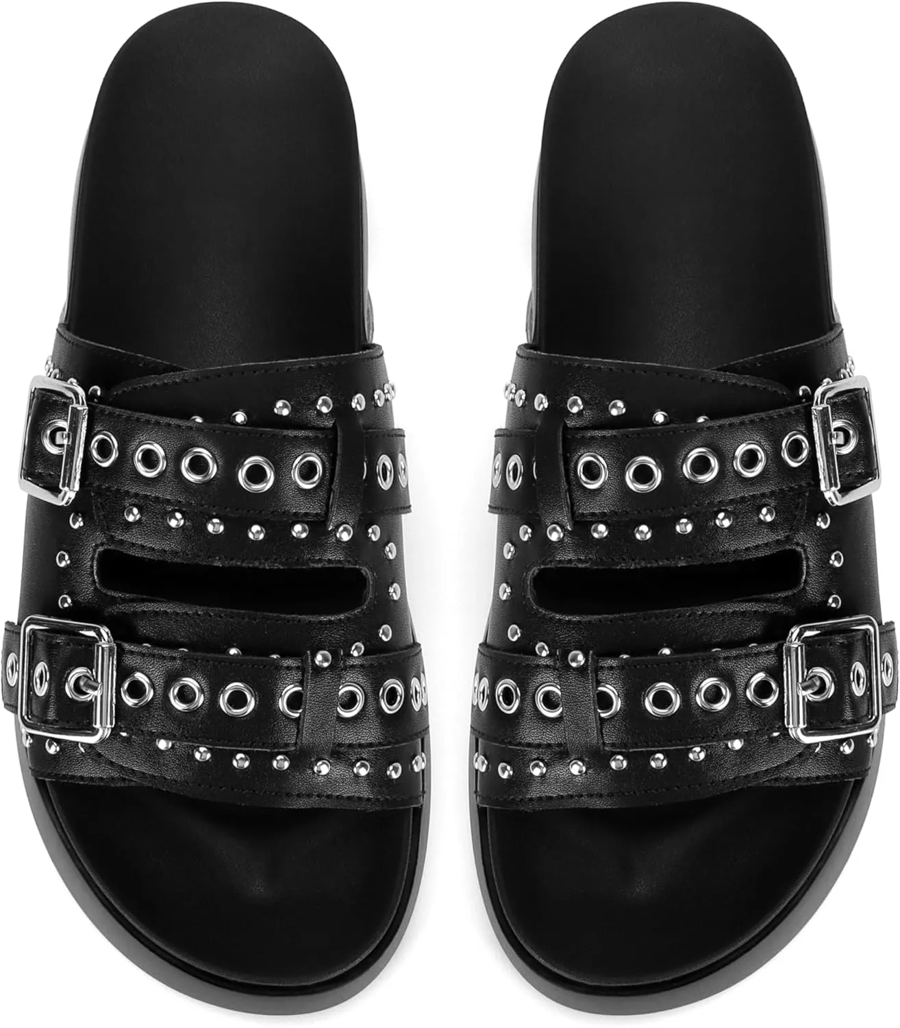 Womens Flat Slide Sandals Double Strap Adjustable Buckle Slip on Slides Shoes Stud Flatform Sandals