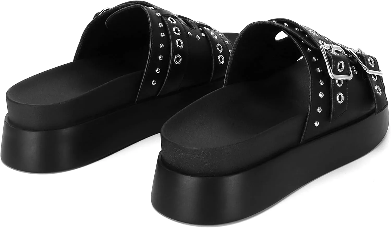 Womens Flat Slide Sandals Double Strap Adjustable Buckle Slip on Slides Shoes Stud Flatform Sandals