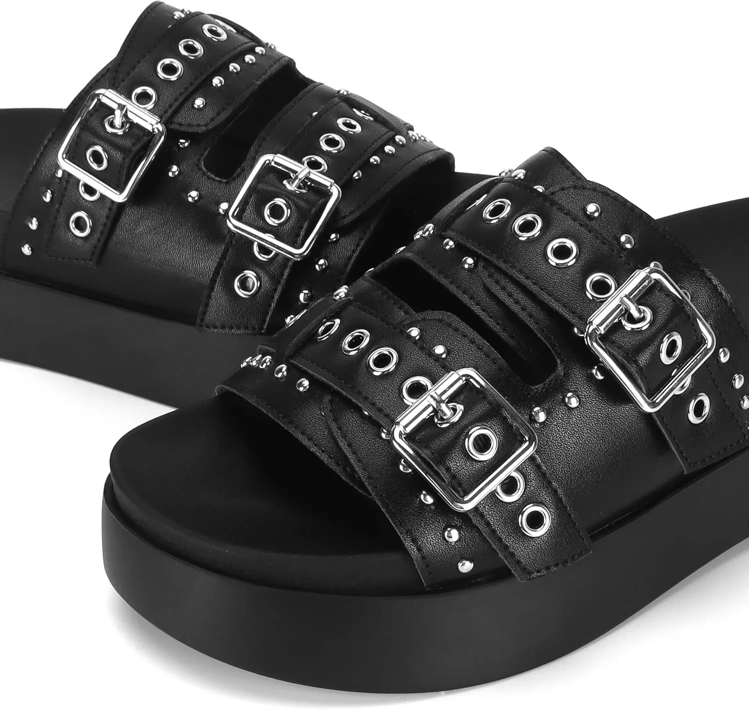 Womens Flat Slide Sandals Double Strap Adjustable Buckle Slip on Slides Shoes Stud Flatform Sandals