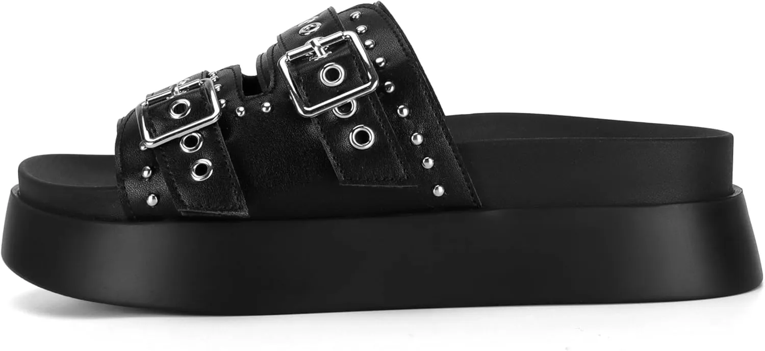 Womens Flat Slide Sandals Double Strap Adjustable Buckle Slip on Slides Shoes Stud Flatform Sandals