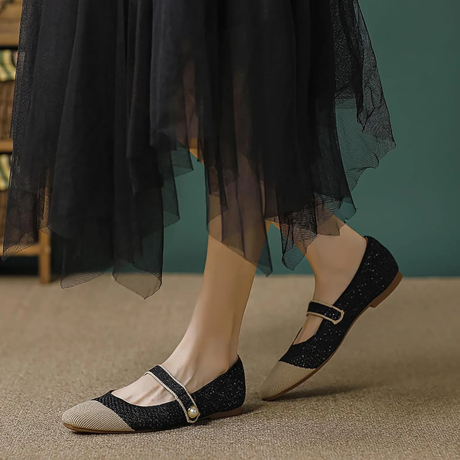 Women's Knitted Cap Toe Mary Jane Shoes,Comfortable Square Toe Arch Support Walking Shoes Soft Sole Strappy Mesh Office Work Dress Shoes Elegant Ballets Flats