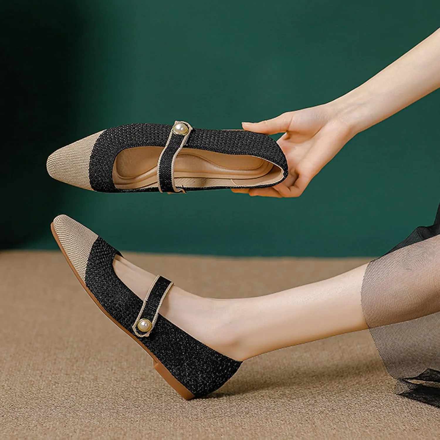 Women's Knitted Cap Toe Mary Jane Shoes,Comfortable Square Toe Arch Support Walking Shoes Soft Sole Strappy Mesh Office Work Dress Shoes Elegant Ballets Flats