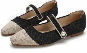 Women's Knitted Cap Toe Mary Jane Shoes,Comfortable Square Toe Arch Support Walking Shoes Soft Sole Strappy Mesh Office Work Dress Shoes Elegant Ballets Flats