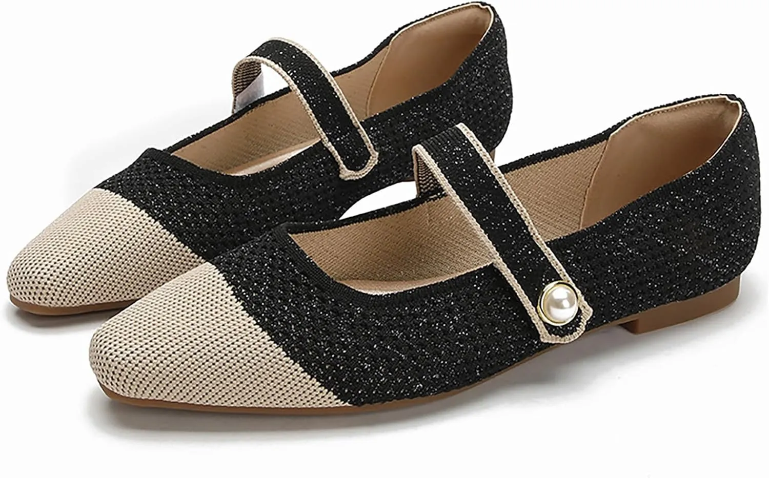 Women's Knitted Cap Toe Mary Jane Shoes,Comfortable Square Toe Arch Support Walking Shoes Soft Sole Strappy Mesh Office Work Dress Shoes Elegant Ballets Flats