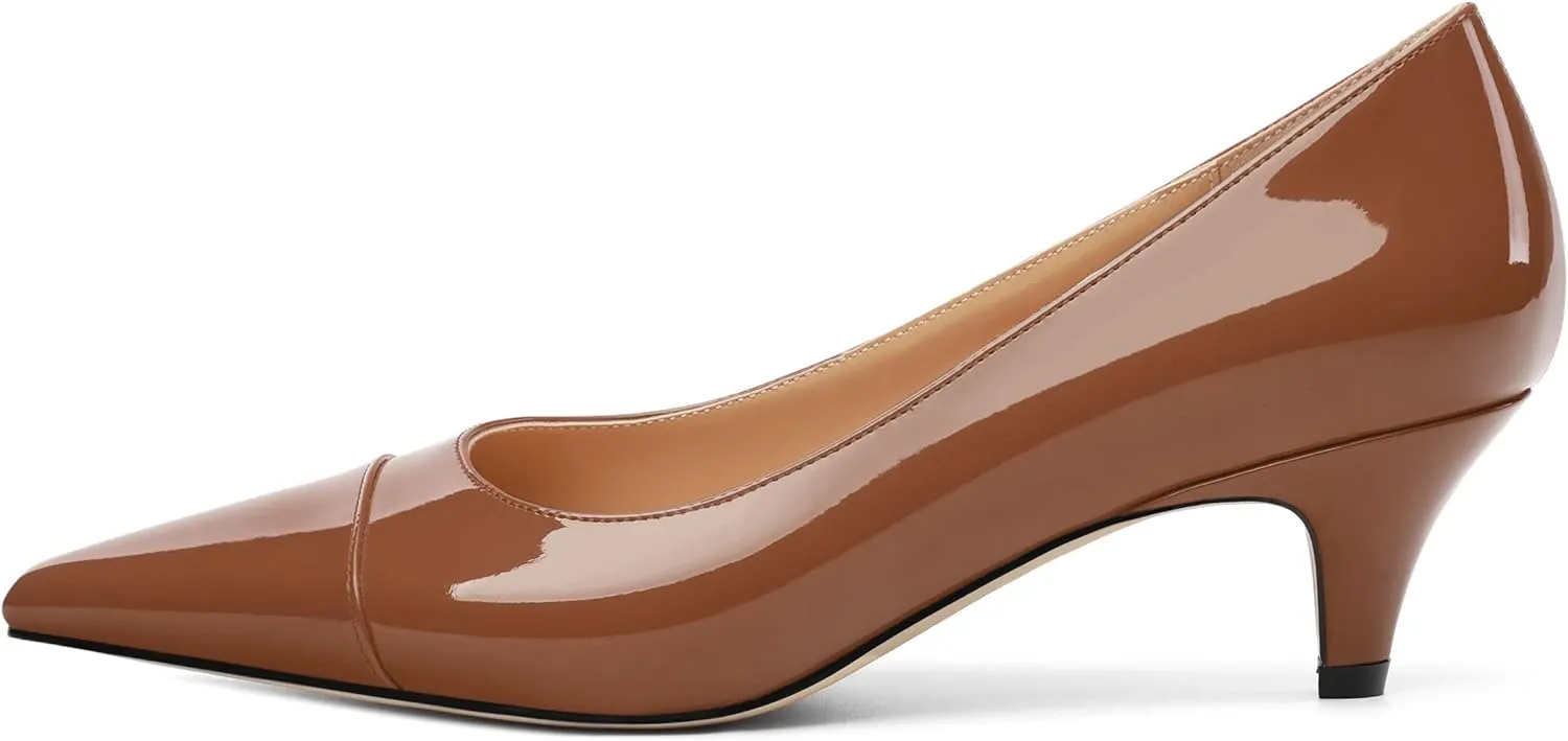 Womens Low Kitten Heels Pumps Pointed Toe Slip On Patent Leather Dressy Shoes 2 Inch