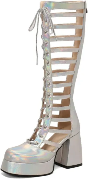 Women's Platform Chunky Heel Block Knee High Boots Square Closed Toe Lace Up Hollow Out Long Boots Back Zipper Low Heel Gladiator Sandals Booties