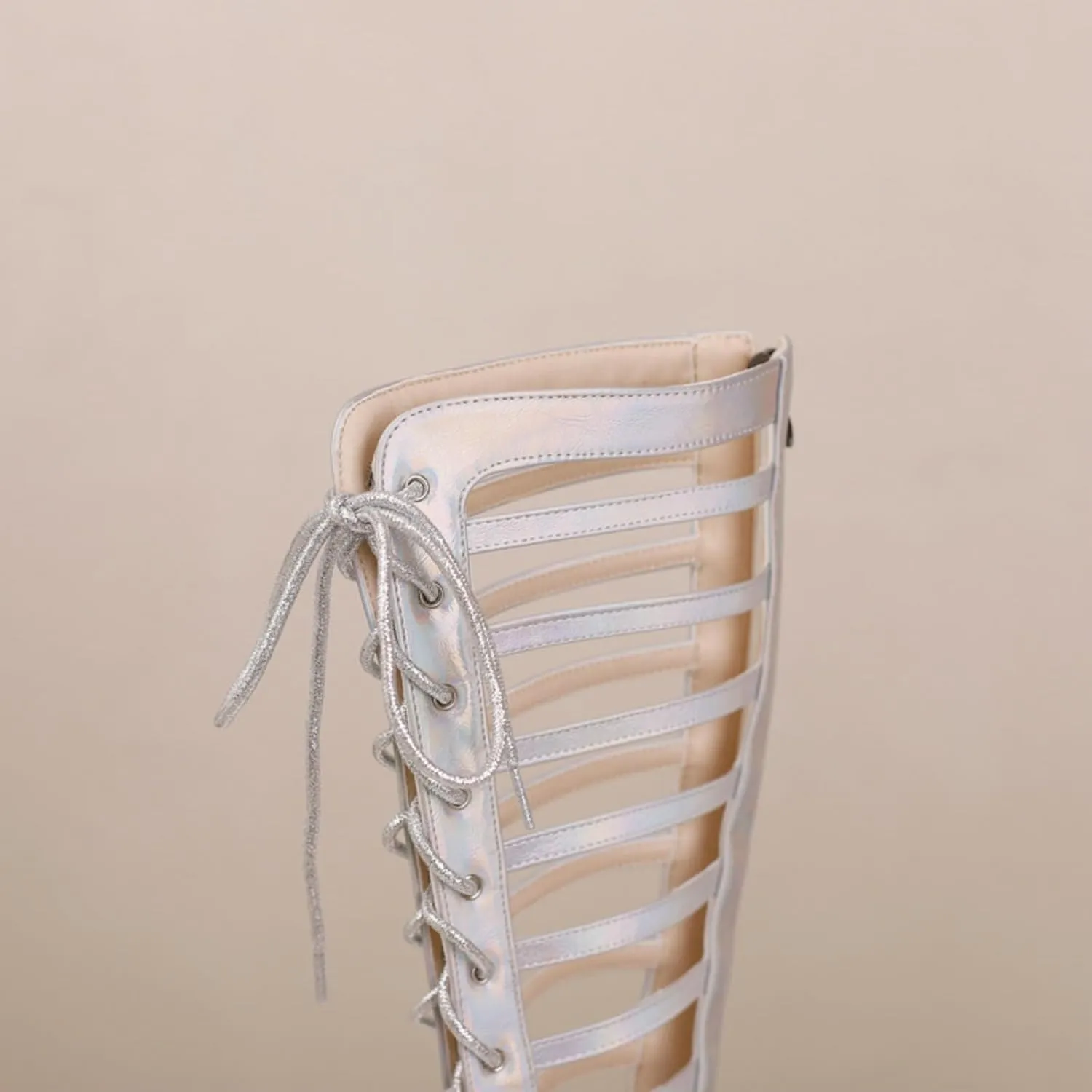 Women's Platform Chunky Heel Block Knee High Boots Square Closed Toe Lace Up Hollow Out Long Boots Back Zipper Low Heel Gladiator Sandals Booties