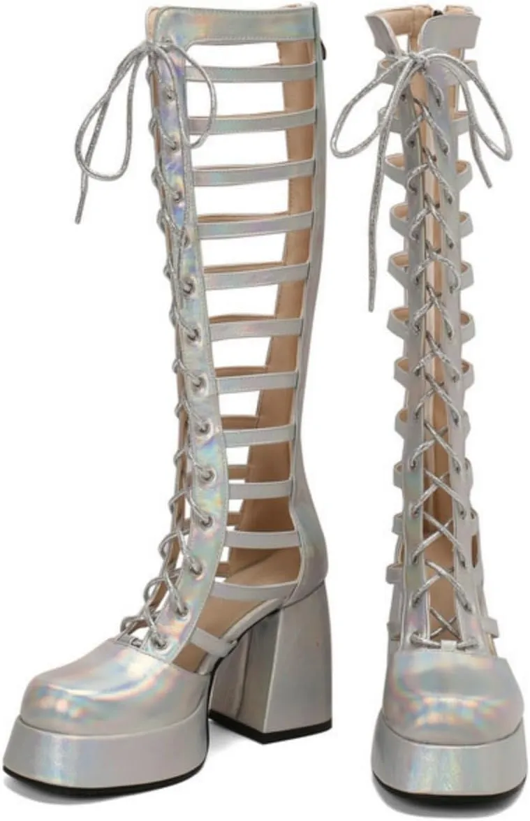 Women's Platform Chunky Heel Block Knee High Boots Square Closed Toe Lace Up Hollow Out Long Boots Back Zipper Low Heel Gladiator Sandals Booties