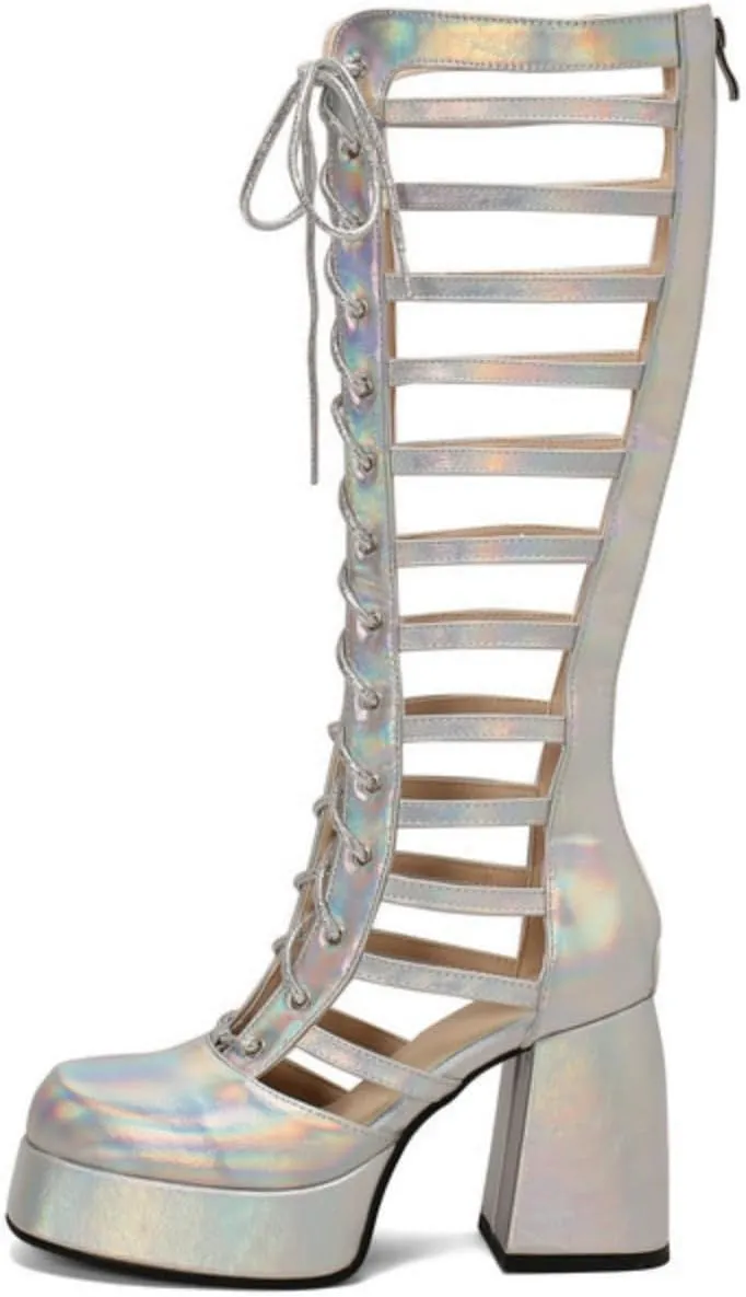 Women's Platform Chunky Heel Block Knee High Boots Square Closed Toe Lace Up Hollow Out Long Boots Back Zipper Low Heel Gladiator Sandals Booties