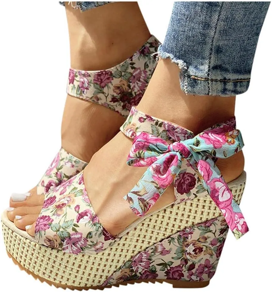 Women's Platform Sandals Wedge Open Toe Ankle Strap Lace Wedding Bridesmaid Shoes Summer Low Heel Lightweight Comfortable