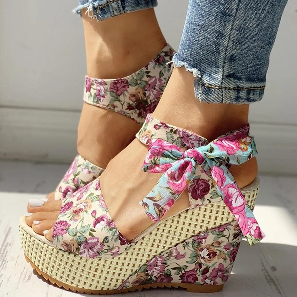 Women's Platform Sandals Wedge Open Toe Ankle Strap Lace Wedding Bridesmaid Shoes Summer Low Heel Lightweight Comfortable
