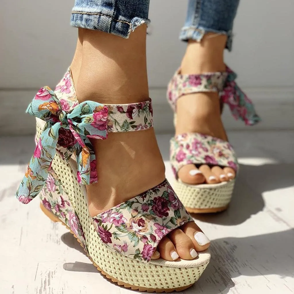 Women's Platform Sandals Wedge Open Toe Ankle Strap Lace Wedding Bridesmaid Shoes Summer Low Heel Lightweight Comfortable