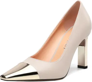 Women's Pumps, Square Toe Chunky High Heels, Slip On Fashion Two Toned Patchwork Womens Shoes for Office Wedding Party