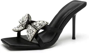 Women's Rhinestone Bow Stiletto Sandals Fashion Square Toe Open Toe Satin Slip-On Mule High Heels Wedding Party Sandals