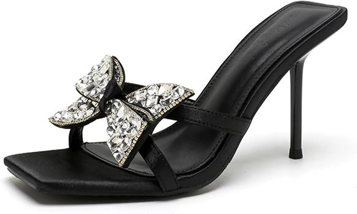 Women's Rhinestone Bow Stiletto Sandals Fashion Square Toe Open Toe Satin Slip-On Mule High Heels Wedding Party Sandals