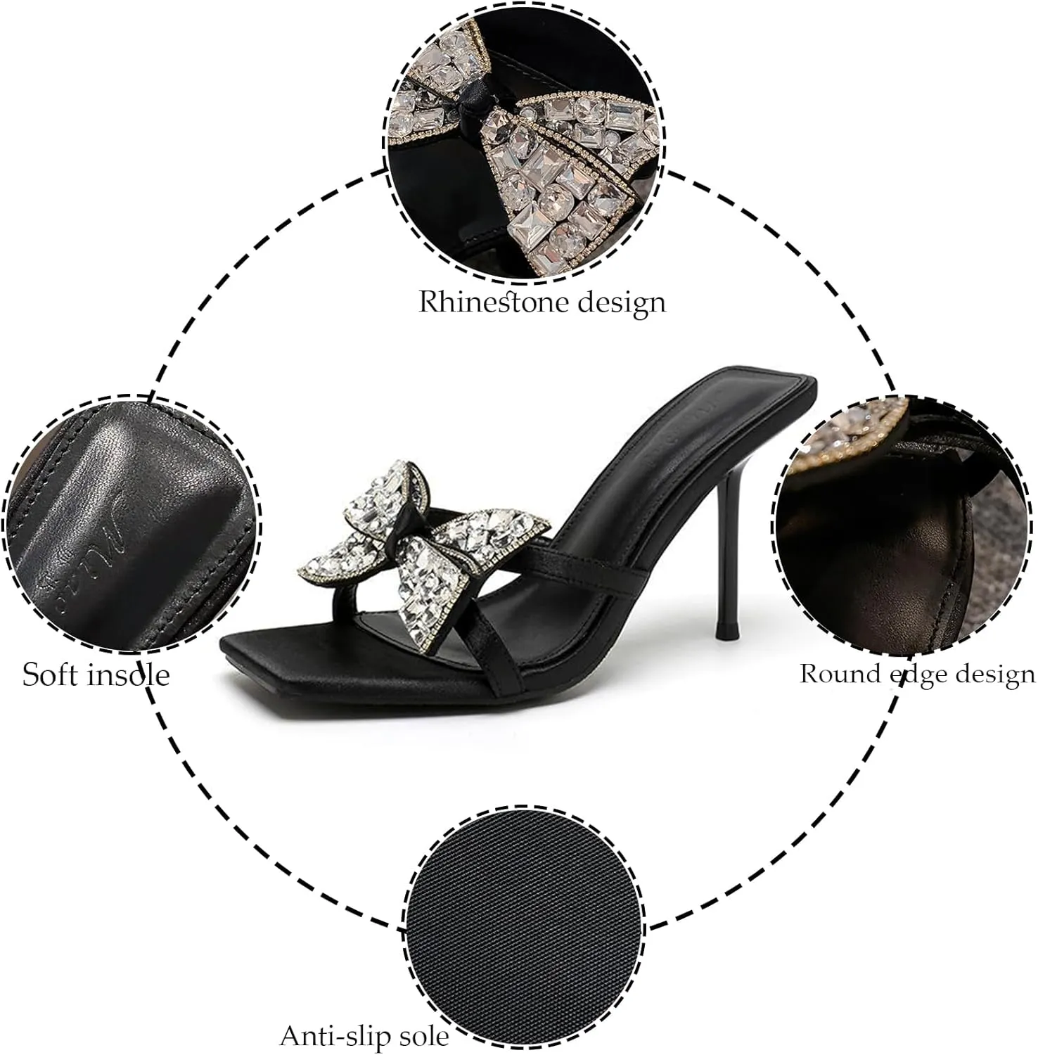 Women's Rhinestone Bow Stiletto Sandals Fashion Square Toe Open Toe Satin Slip-On Mule High Heels Wedding Party Sandals