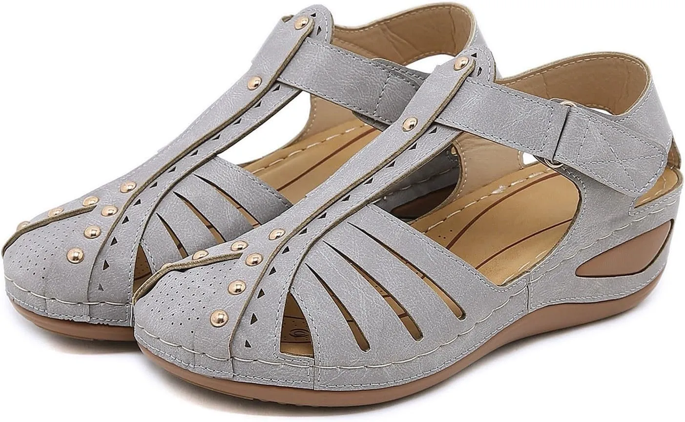 Womens Sandals Dressy Summer Beach Bohemia Ankle Strap Causal Comfortable Closed Toe Tan Sandals for Women Flat Slip on