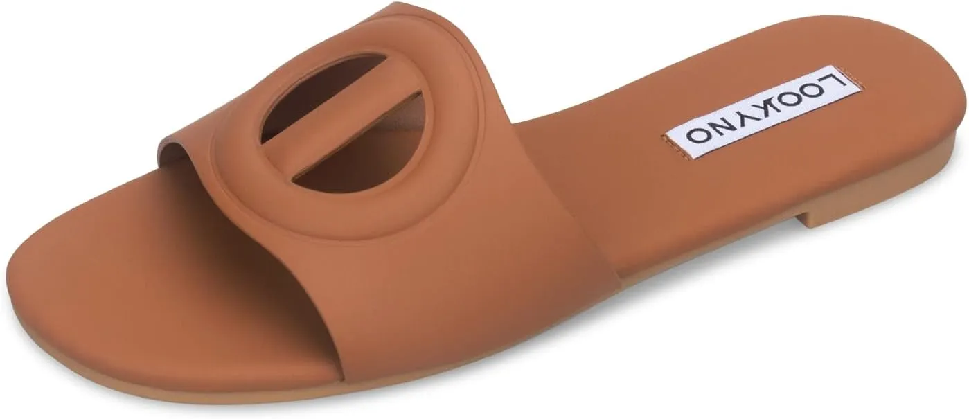 Womens Sandals Dressy Summer Flat Sandals 2025 Open Toe Slippers Slip On Slides with Semicircle Cutouts