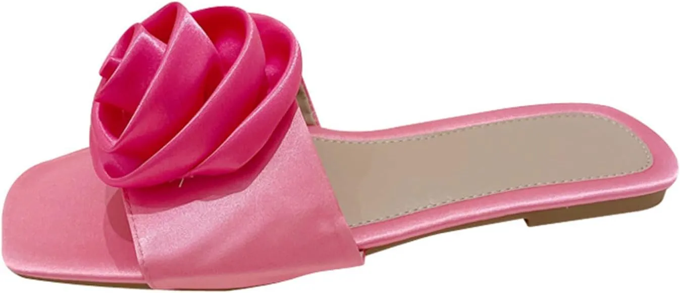 Women's Satin Bow Knot Square Toe Flat Sandals Fashion Open Toe Slip-On Dress Slides Summer Casual Beach Walking Slippers