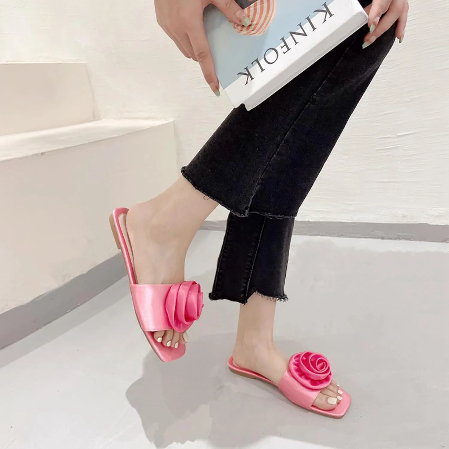 Women's Satin Bow Knot Square Toe Flat Sandals Fashion Open Toe Slip-On Dress Slides Summer Casual Beach Walking Slippers