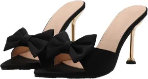 Women's Satin Pointed Open Toe Heel Sexy and Stylish Bow Slip On Stiletto High Wedge Mule Comfortable Wedding Bridal Party Dress Shoes