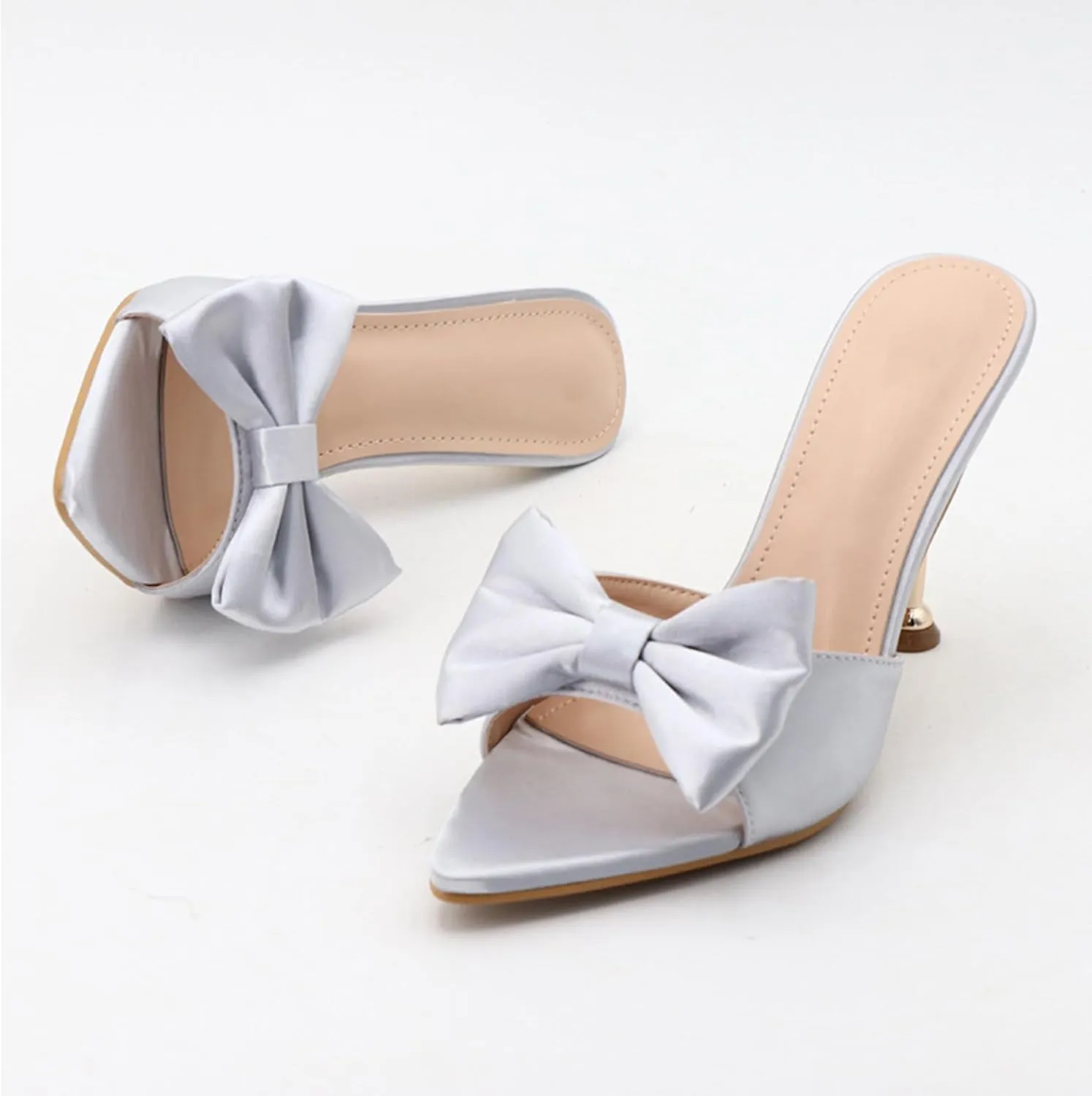 Women's Satin Pointed Open Toe Heel Sexy and Stylish Bow Slip On Stiletto High Wedge Mule Comfortable Wedding Bridal Party Dress Shoes