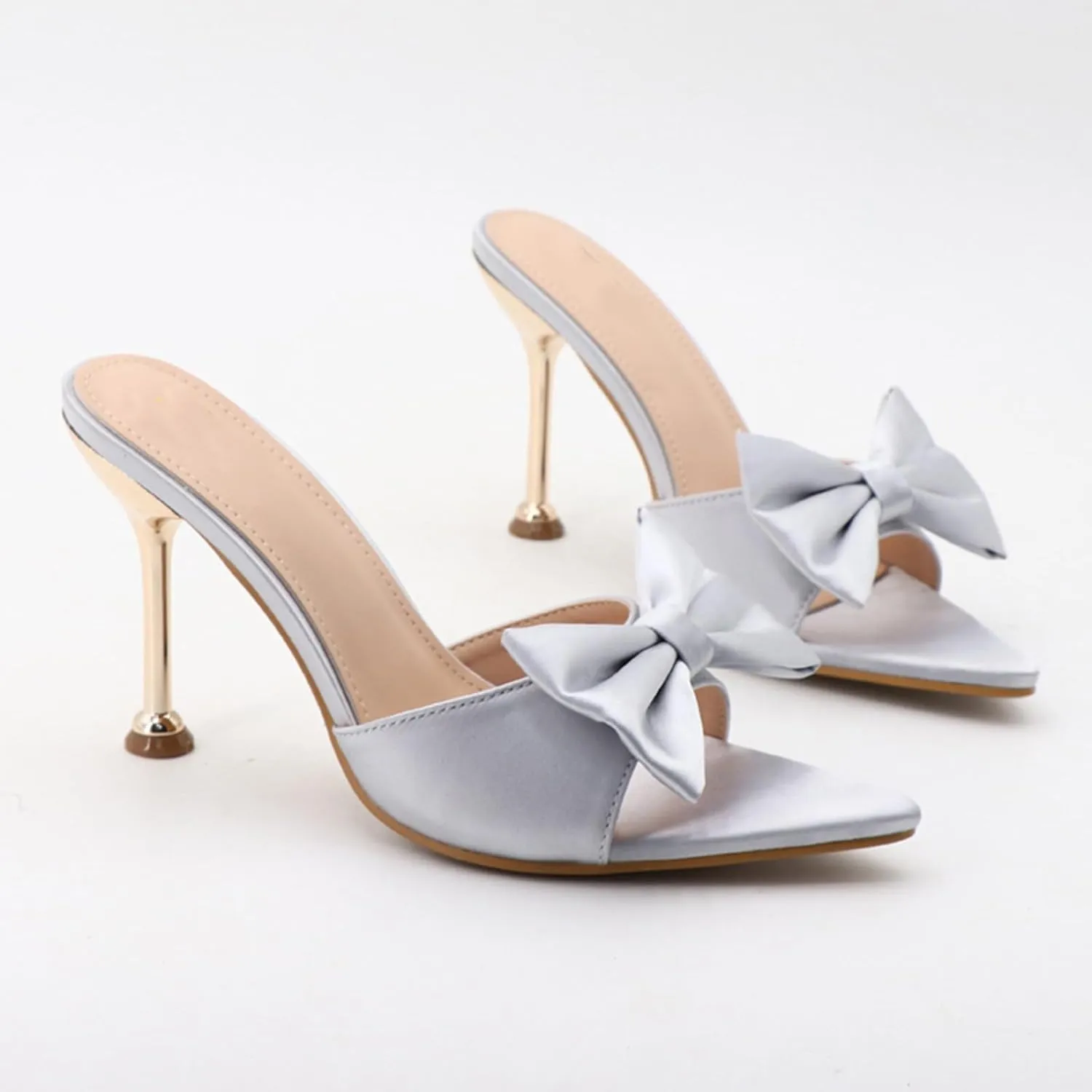 Women's Satin Pointed Open Toe Heel Sexy and Stylish Bow Slip On Stiletto High Wedge Mule Comfortable Wedding Bridal Party Dress Shoes