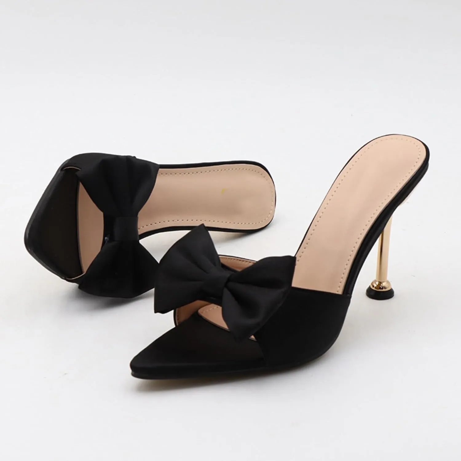 Women's Satin Pointed Open Toe Heel Sexy and Stylish Bow Slip On Stiletto High Wedge Mule Comfortable Wedding Bridal Party Dress Shoes
