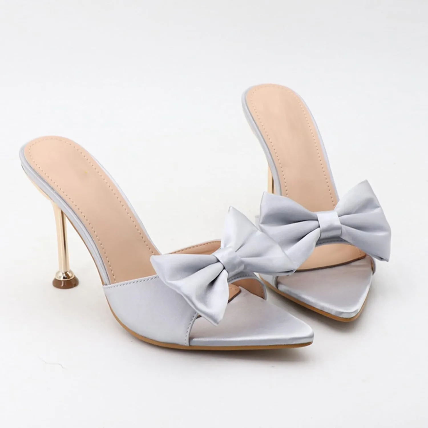 Women's Satin Pointed Open Toe Heel Sexy and Stylish Bow Slip On Stiletto High Wedge Mule Comfortable Wedding Bridal Party Dress Shoes