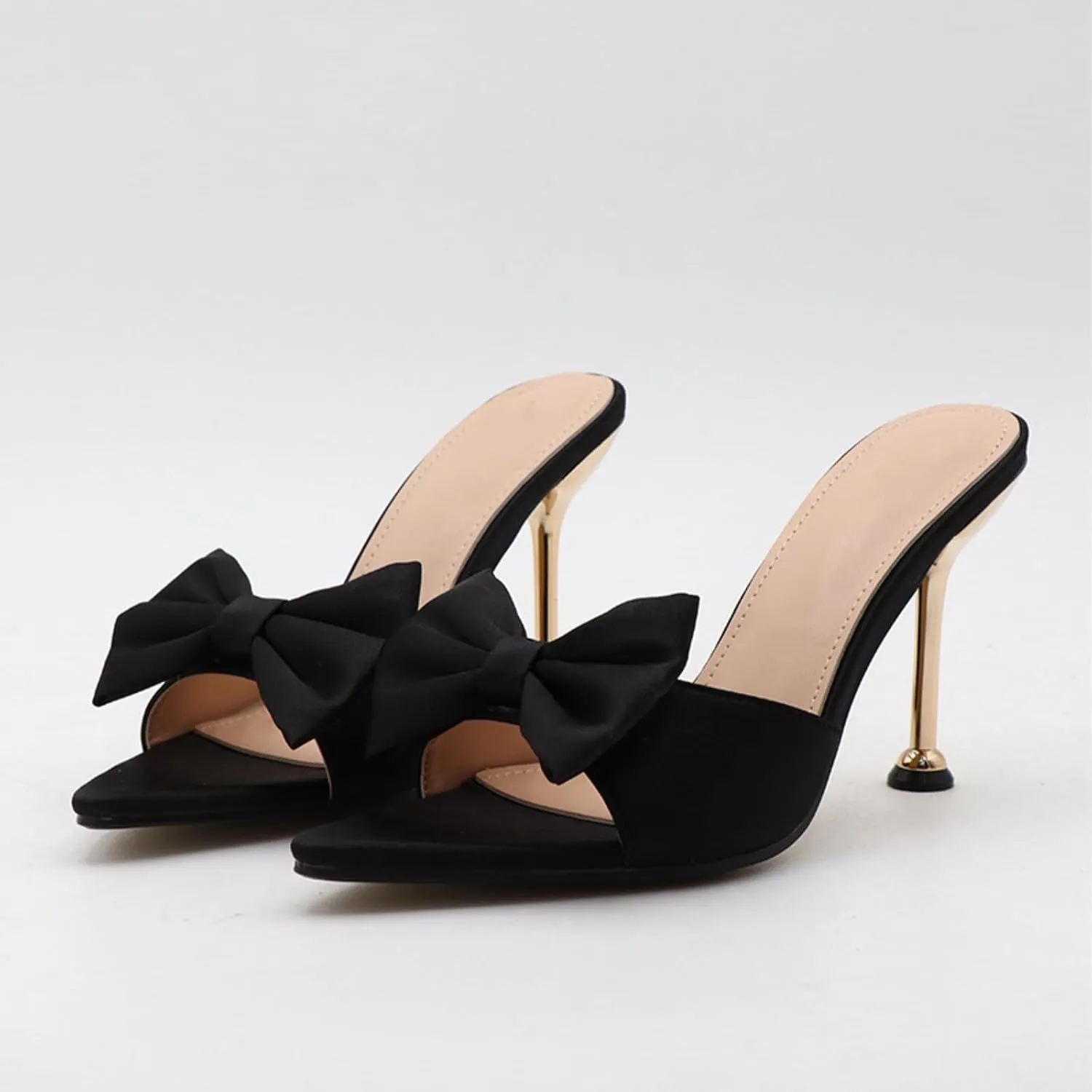 Women's Satin Pointed Open Toe Heel Sexy and Stylish Bow Slip On Stiletto High Wedge Mule Comfortable Wedding Bridal Party Dress Shoes