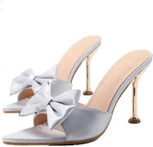 Women's Satin Pointed Open Toe Heel Sexy and Stylish Bow Slip On Stiletto High Wedge Mule Comfortable Wedding Bridal Party Dress Shoes